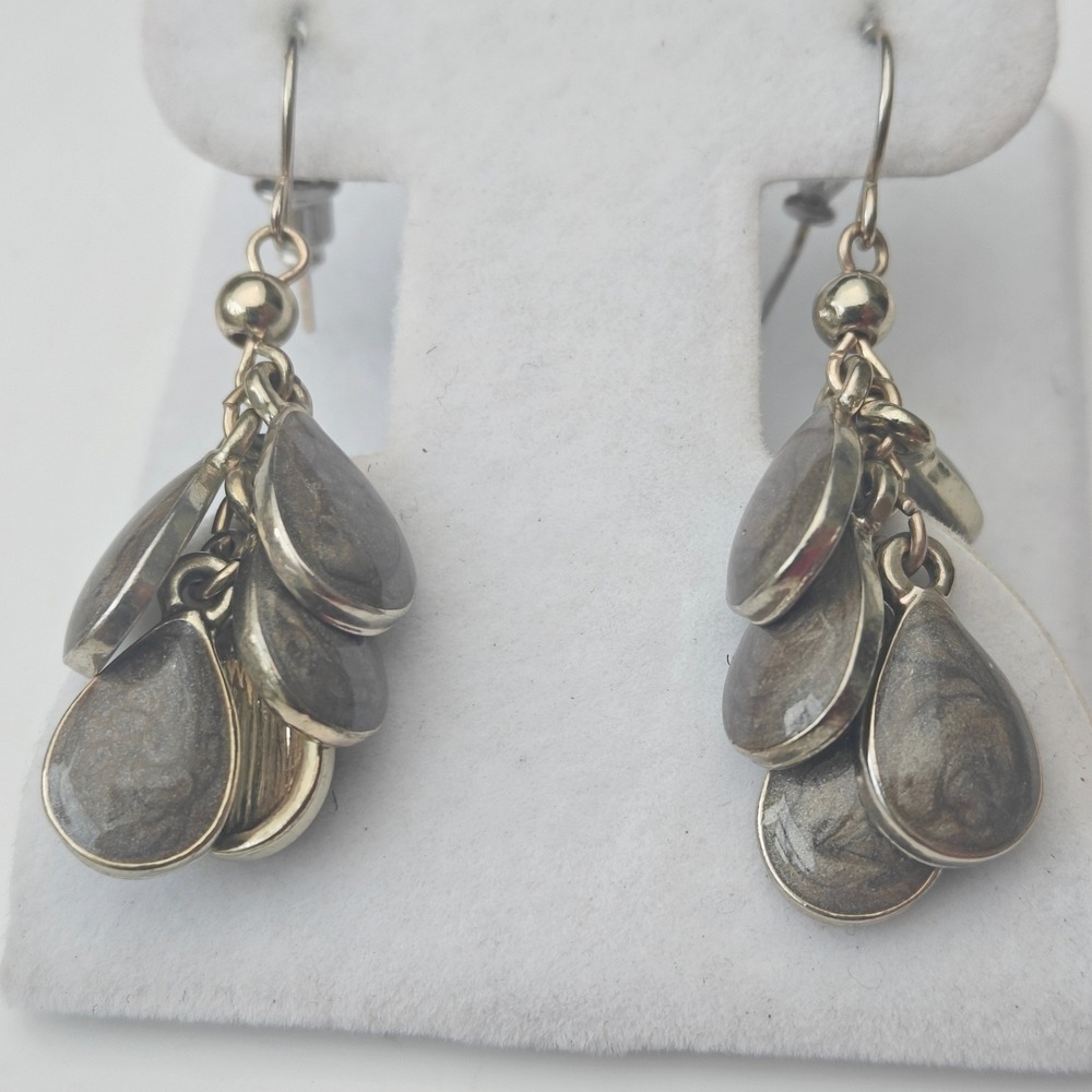 Grey Marbled Enamel Teardrop Cluster Dangle Earrings Gold Tone Charm Boho Women